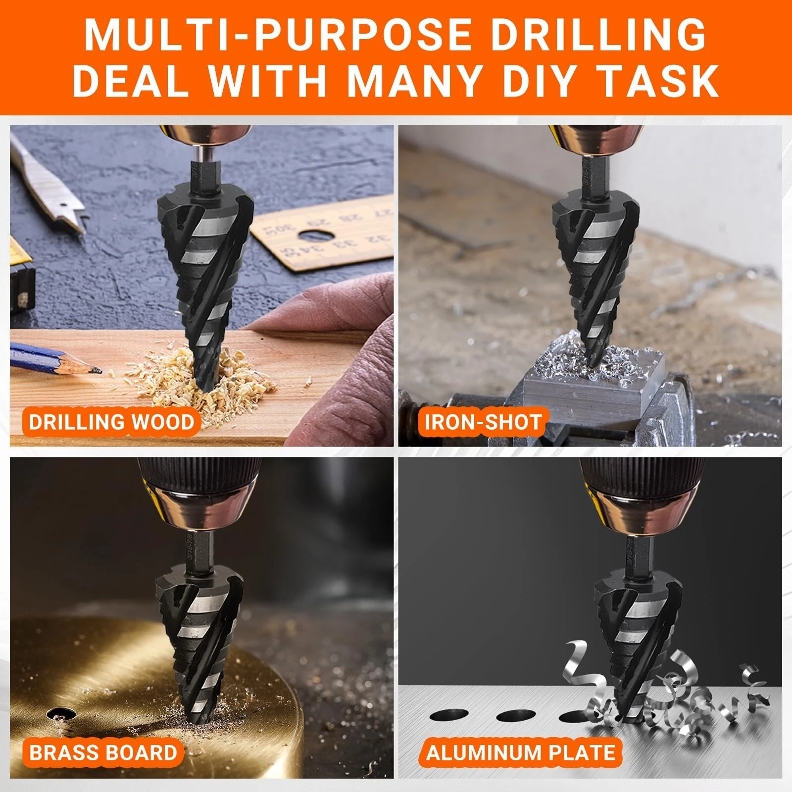 HSS Spiral Step Drill Bit Set - 5pcs 1/8 to 1-3/8 Inch | Four Flute Hex Shank - Image 3