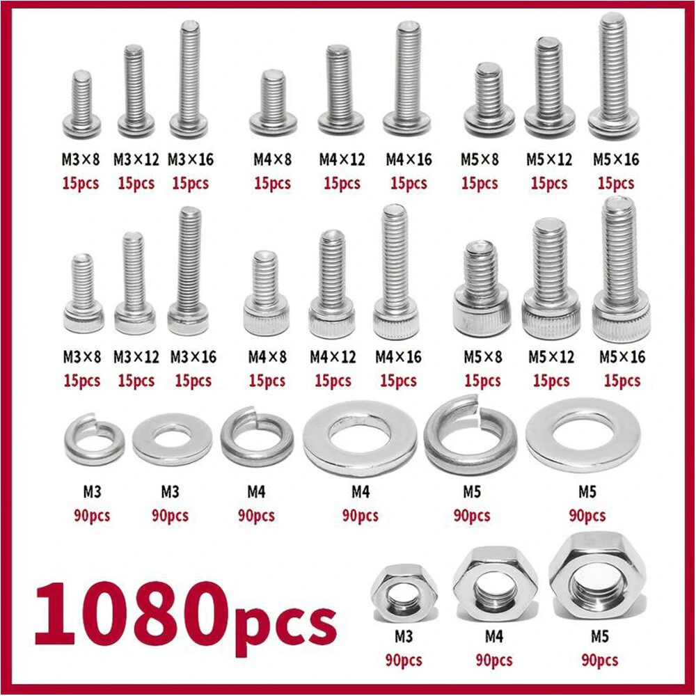 1080pcs Metric Screw Assortment Kit - M3 M4 M5 M6 Bolts & Nuts - 304 Stainless Steel - Image 3