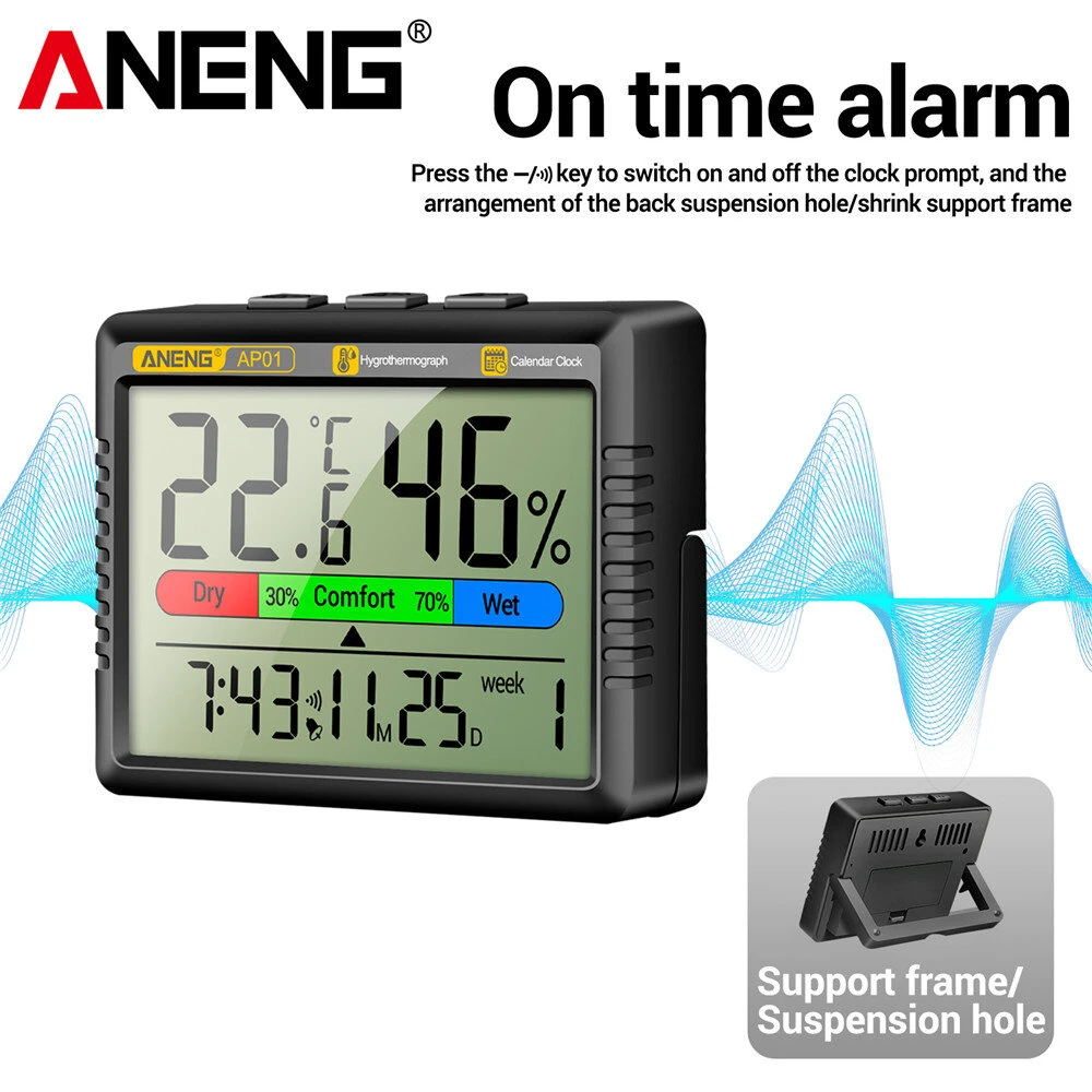 ANENG AP01 Hygrometer Clock - LCD Display Temperature & Humidity | Snooze Mode & Hourly Reminder for Home Office - Image 3
