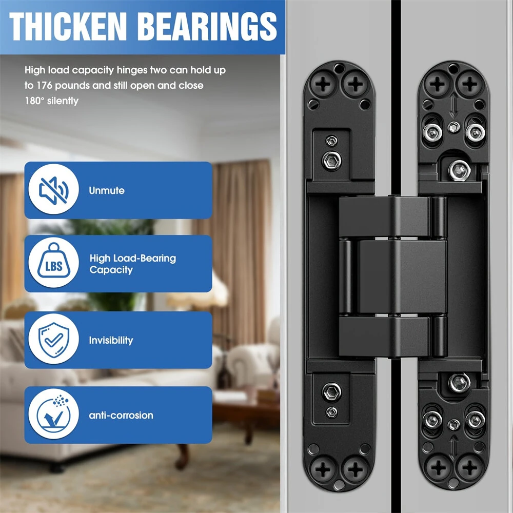 Premium Zinc Alloy Invisible Door Hinges - 6 Inch 180 Degree 3-Way Adjustable | Heavy Duty Anti-Corrosion for Interior & Exterior - Image 2