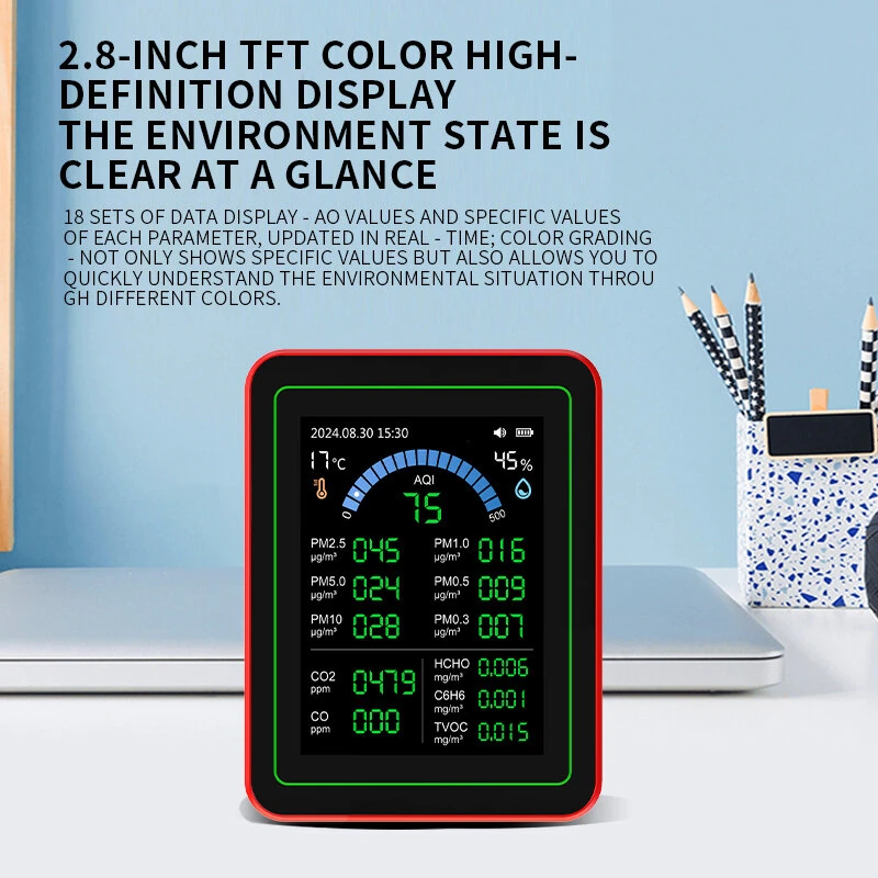 ZN-MT32 Air Quality Monitor - 18-in-1 Detector for Formaldehyde CO2 PM2.5 | TFT Screen - Image 2