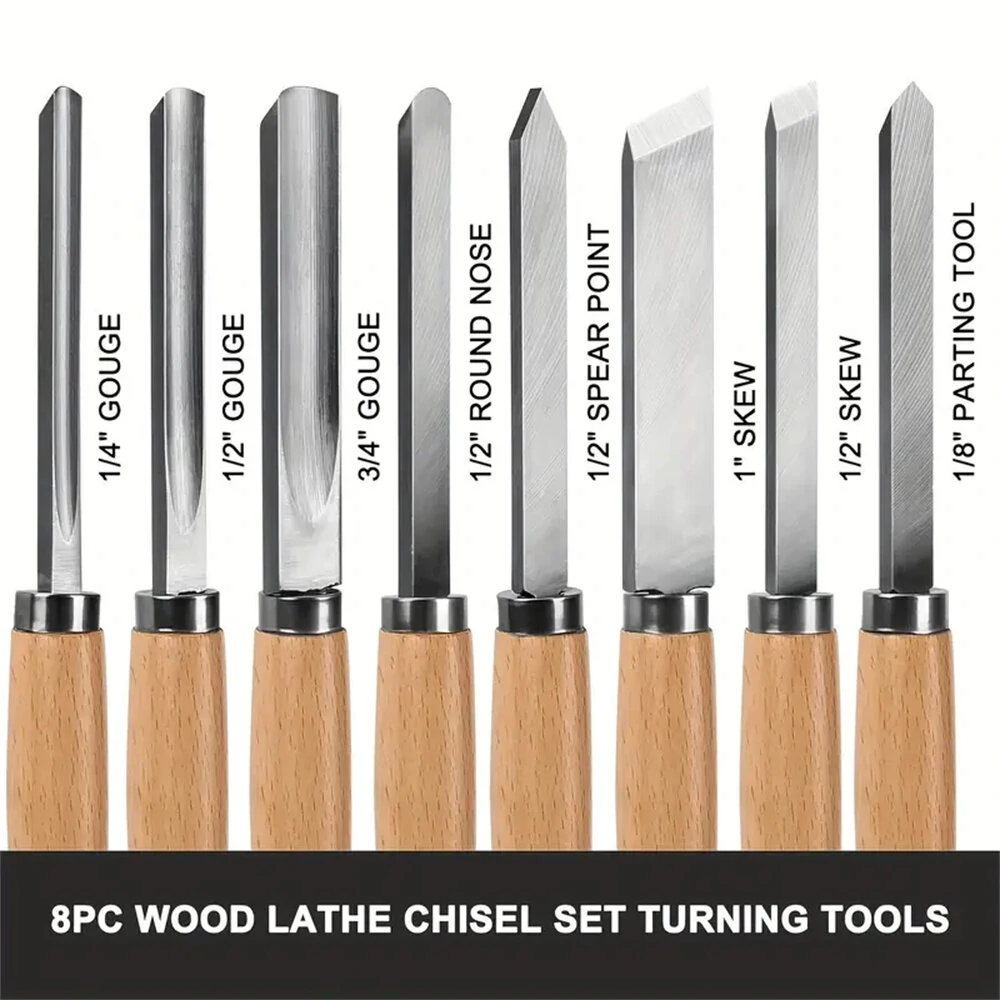 8PCS Professional Wood Turning Chisels Set - High-Speed Steel Blades with Gouges & Skew - Image 2
