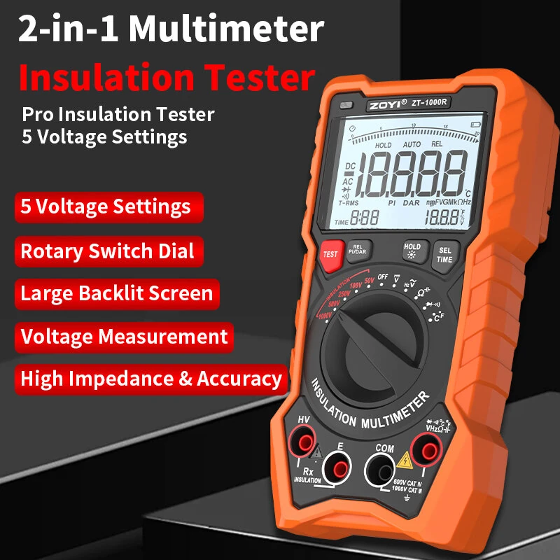 ZOYI ZT1000R 2-in-1 Multimeter & Insulation Tester | 1000V AC/DC True RMS | Backlit Screen - Image 2