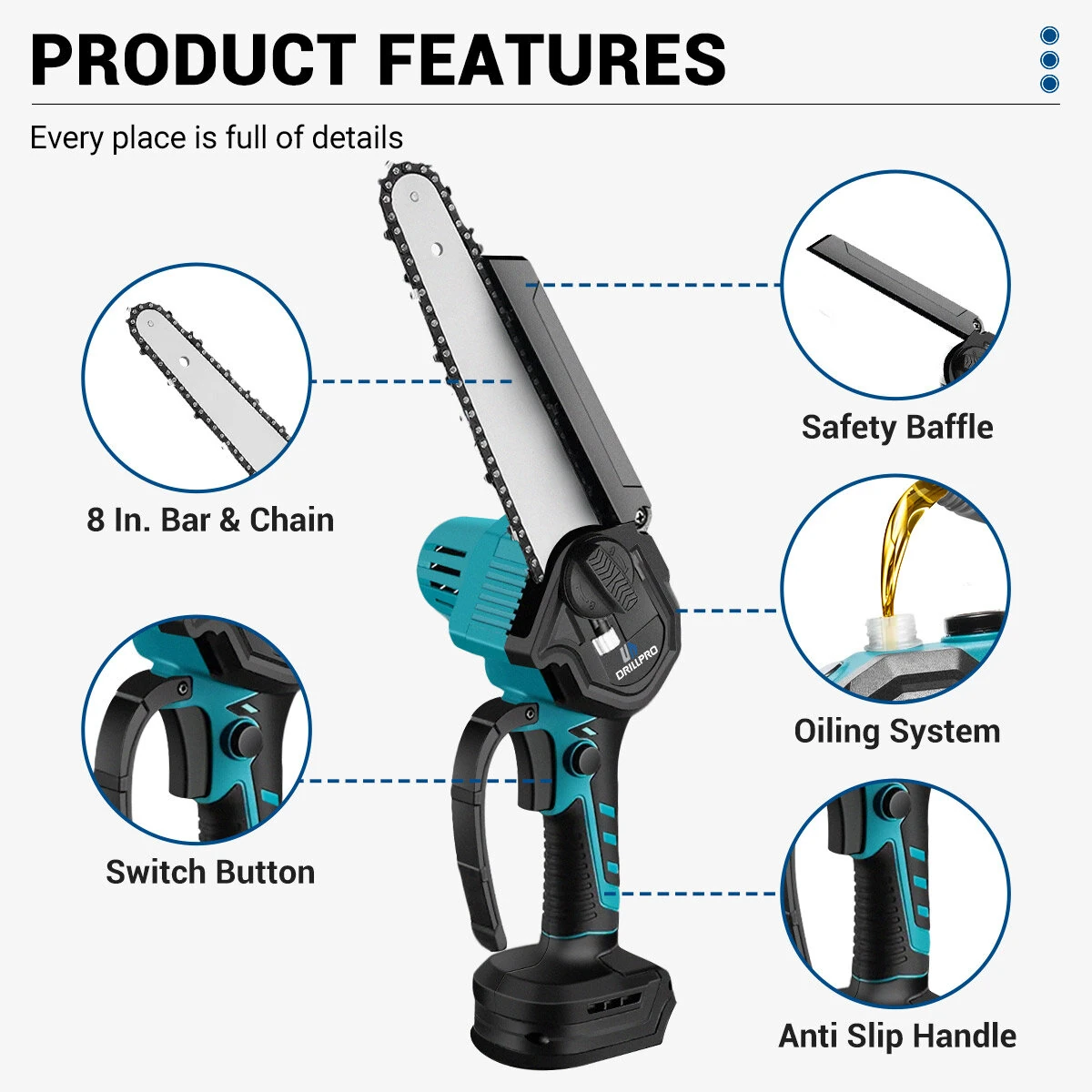 Drillpro 8-Inch Cordless Brushless Chainsaw - Fast-Cutting for Garden Pruning | Makita 18V - Image 5
