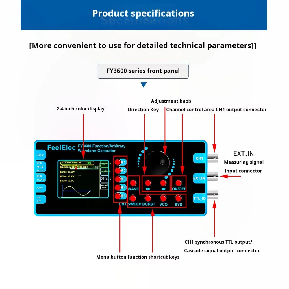 FY3600 20MHz DDS Signal Generator | Arbitrary Waveform & Pulse Generator | 0-20Vpp, 2.4 Display - Image 4