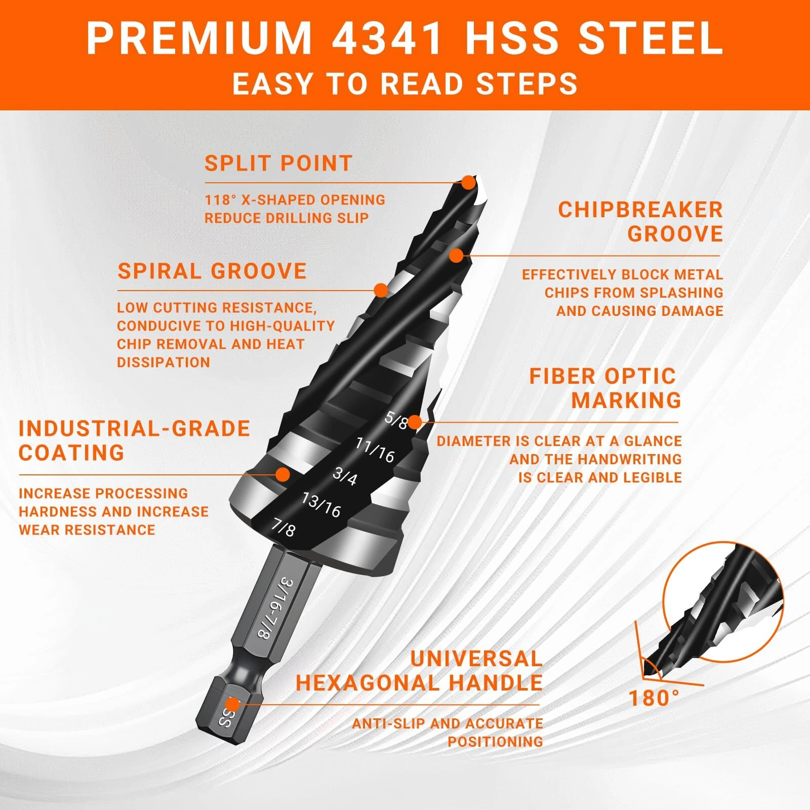 HSS Spiral Step Drill Bit Set - 5pcs 1/8 to 1-3/8 Inch | Four Flute Hex Shank - Image 5