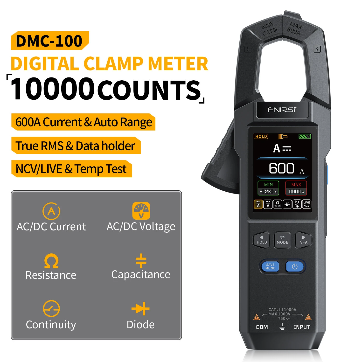 FNIRSI DMC-100 Digital Clamp Meter | 600A AC/DC Current | 10000 Counts Multimeter - Image 2