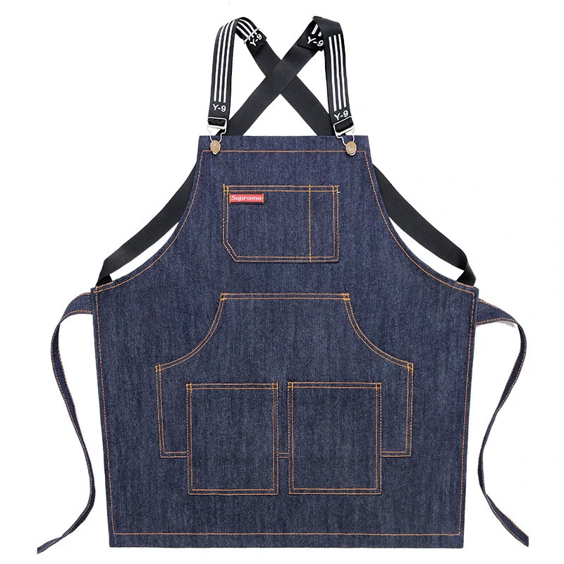Denim Kitchen Cooking Apron - Adjustable Cotton Strap & Large Pockets - Blue - Image 2