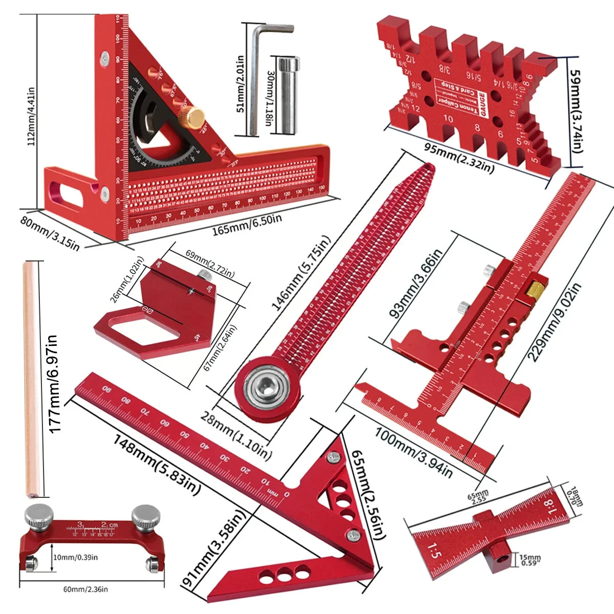9Pcs Woodworking Square Kit - Aluminum Alloy CNC Tools & Ruler Set | Precision Layout - Image 2