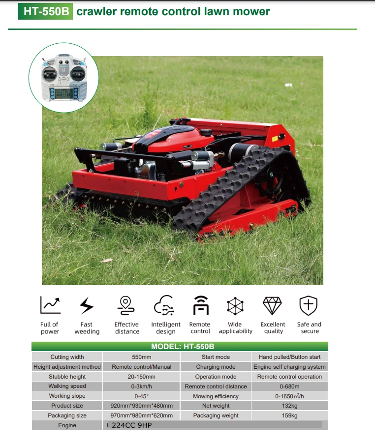 HT-550B Remote Controlled Lawn Mower | 550mm 9HP Gasoline Engine | Adjustable Height & 45° Inclination - Image 2