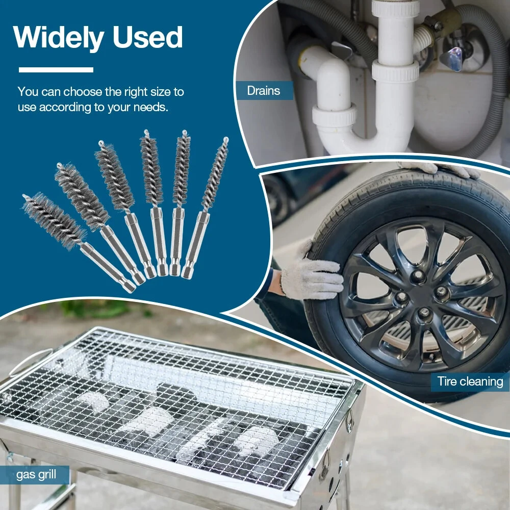 Premium Stainless Steel Bore Brush Set - 6 pcs Straight Wire for Drill - Rust Removal - Image 3