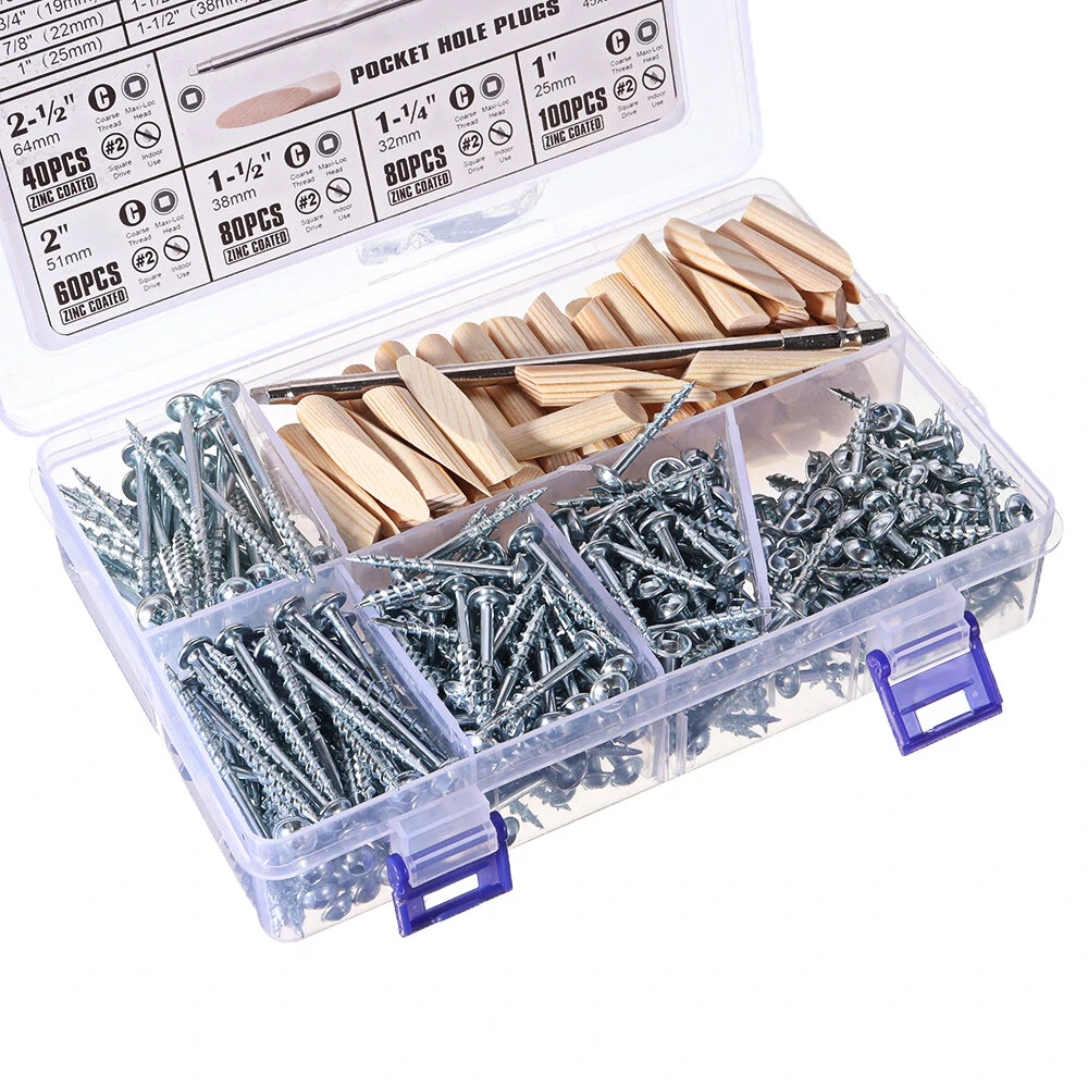 482Pcs Pocket Hole Screw Kit | 25-64mm Self Tapping SQ2 Square Head with Plugs & Driver Bit - Image 2