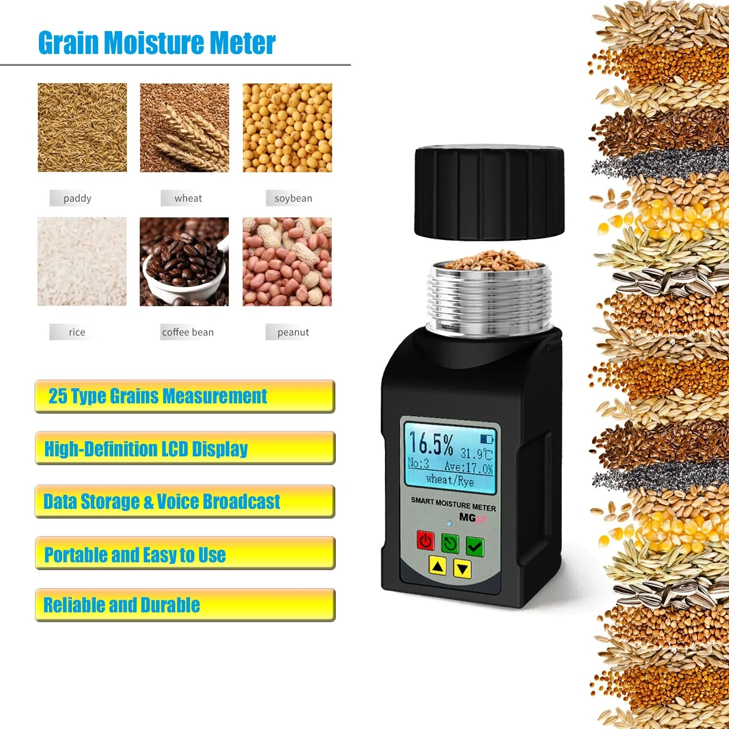 GS25A Smart Digital Grain Moisture Meter - 25 Grain Types, LCD Display, Portable - Image 2