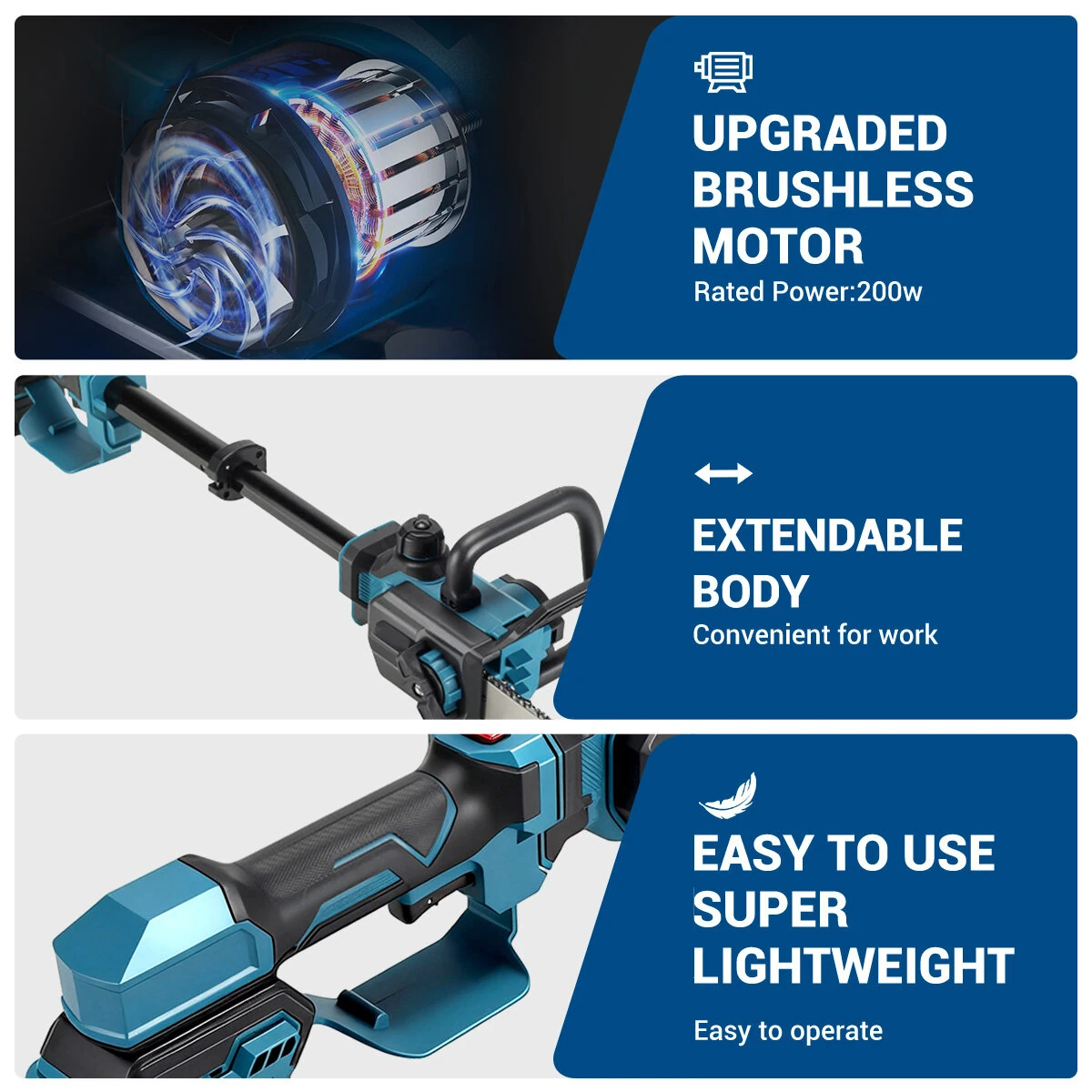 Drillpro 12 Cordless Brushless Chainsaw - 200W Telescopic Electric Saw | 11m/s Chain Speed - Image 2