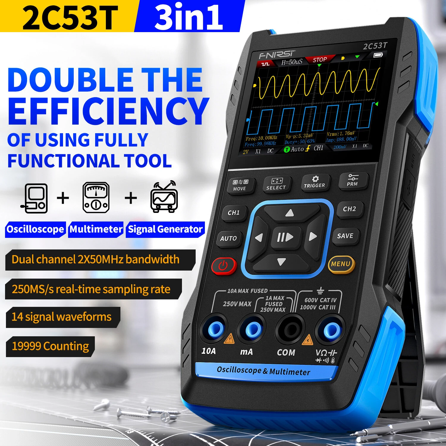 FNIRSI 2C53T 3-in-1 Oscilloscope Multimeter Signal Generator | 50MHz 250MS/s - Image 2