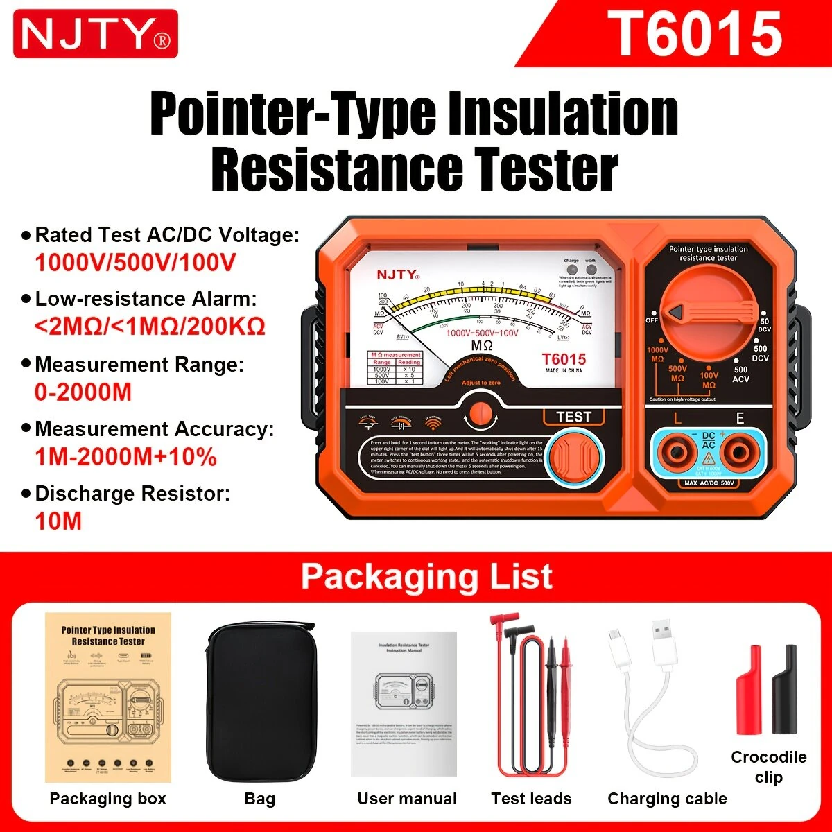 NJTY T6015 Insulation Resistance Tester - 1000V 2000MΩ Megohmmeter | Rechargeable Analog Meter with Magnetic Back - Image 2