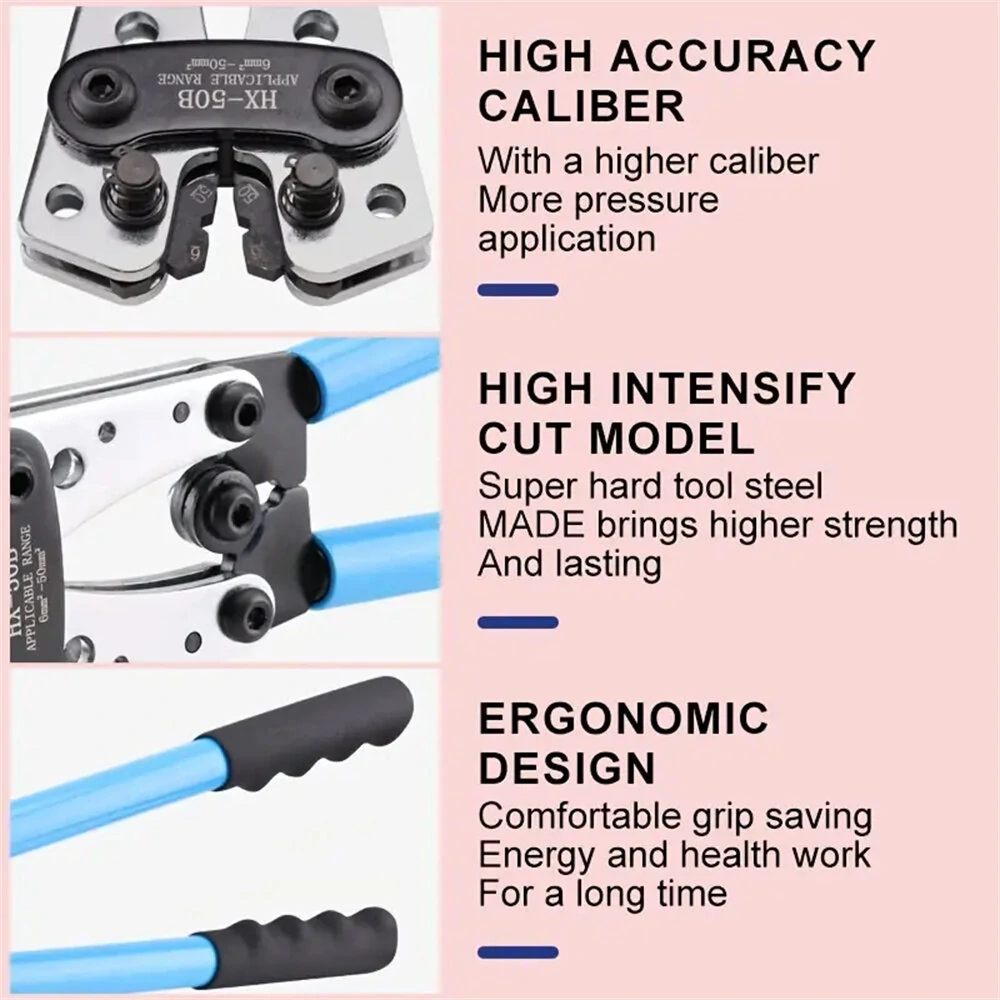 HX-50B Battery Cable Crimping Tool for 10-1 AWG - With 60Pcs Copper Ring Terminals & Lugs Set - Image 5