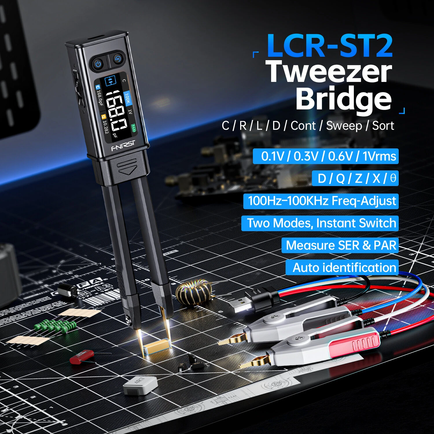 FNIRSI LCR-ST2 Digital Tweezer Bridge | LCR ESR Meter & SMD Tester Tool - Image 2