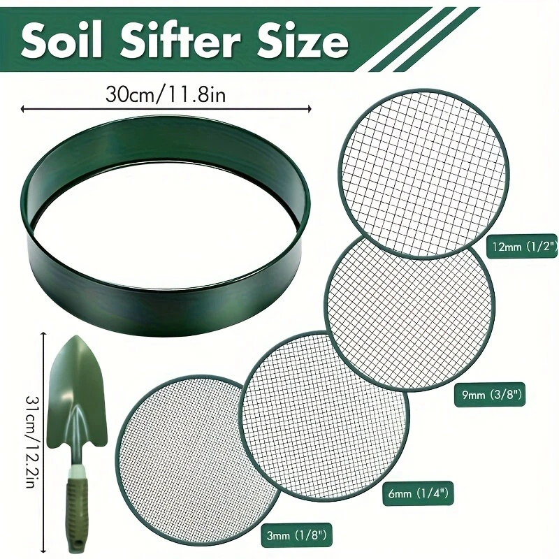Soil Sifter Sieve - 4 Interchangeable Meshes for Compost & Dirt - 30cm Shovel - Image 3