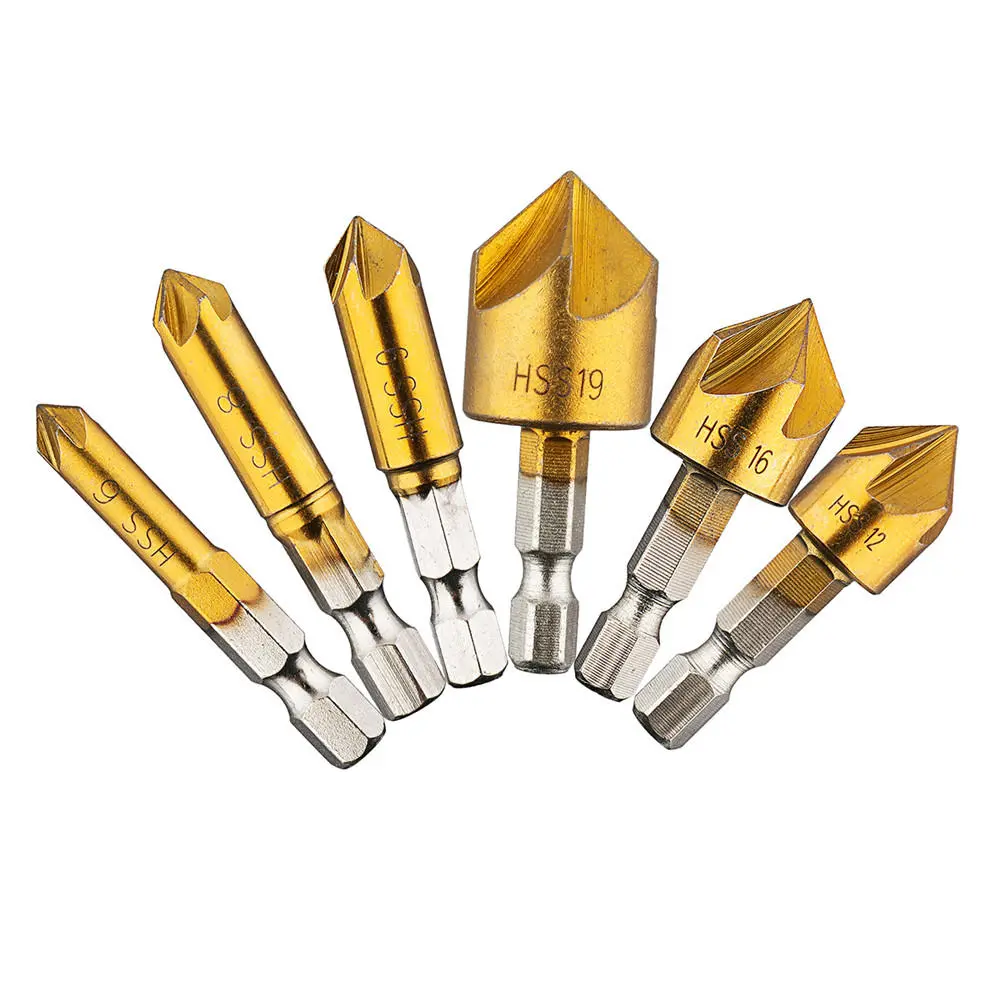 6pcs 6mm-19mm 5 Flute Countersink Drill Bit Set | 90 Degree Chamfer Cutter | 1/4 Inch Hex Shank - Image 2