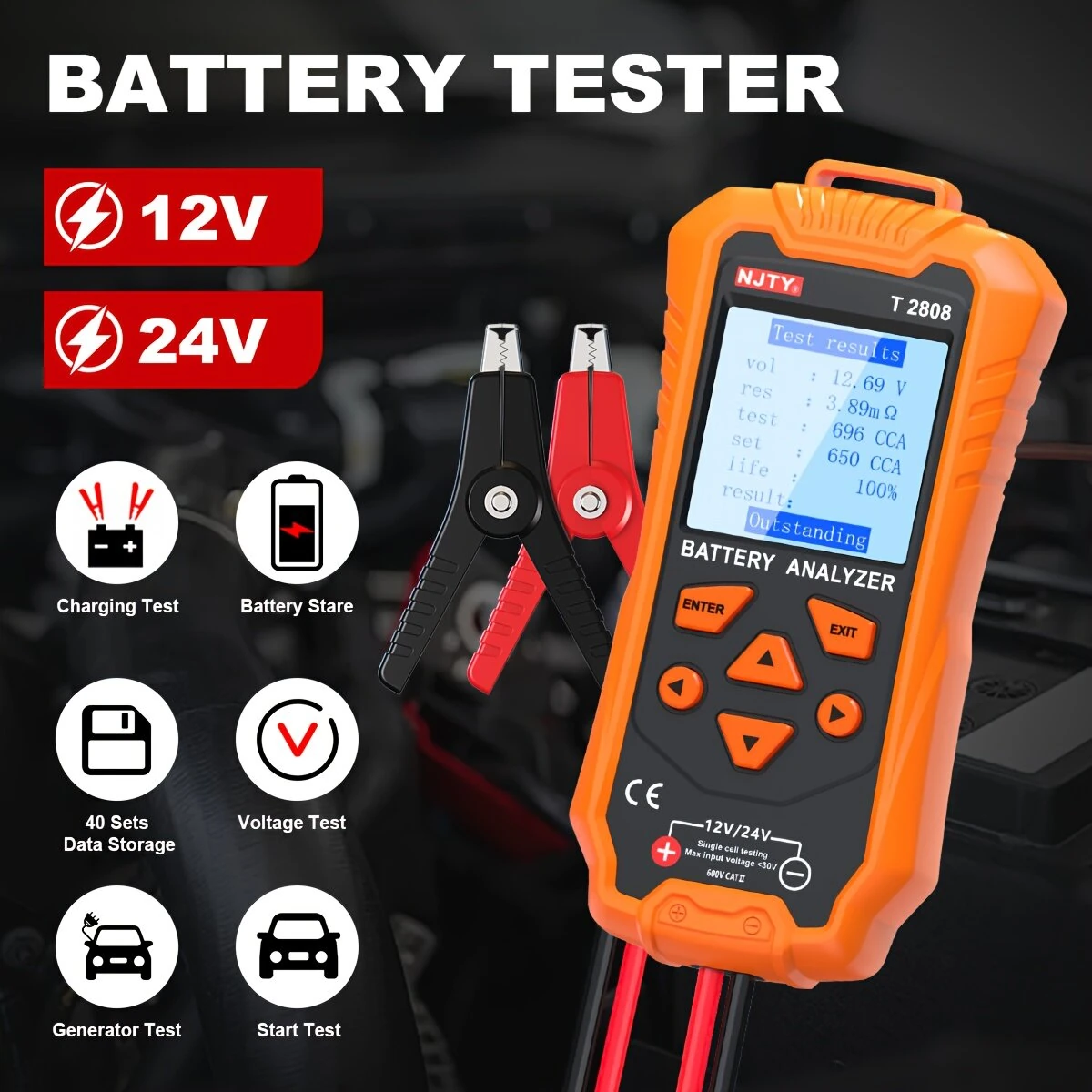 NJTY T2808 Car Battery Tester - 12V 24V Digital Analyzer for Cranking Health & Alternator | CCA Load Tester for Truck RV Marine - Image 2