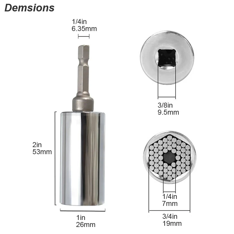 Universal Socket Adapter Set for Ratchet & Drill - Chrome Steel Fits 1/4-3/4 & 7mm-19mm Nuts - Image 3