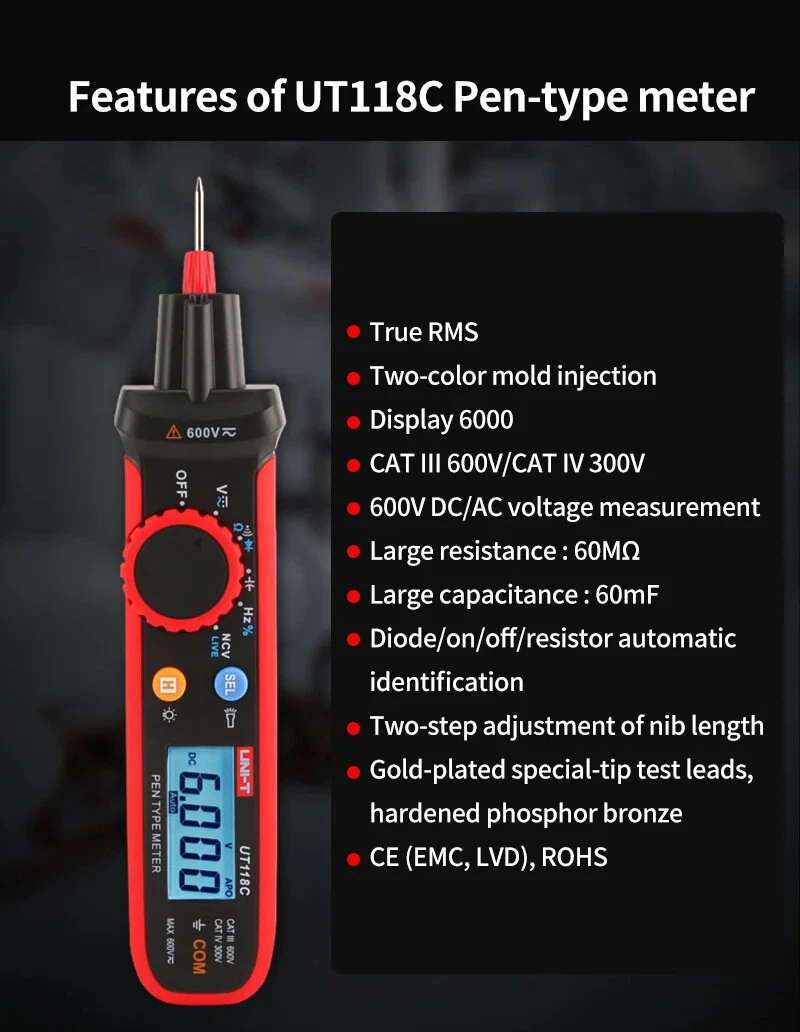 UNI-T UT118C Pen Meter - 600V True RMS Voltmeter | NCV, Capacitance, Resistance - Image 2