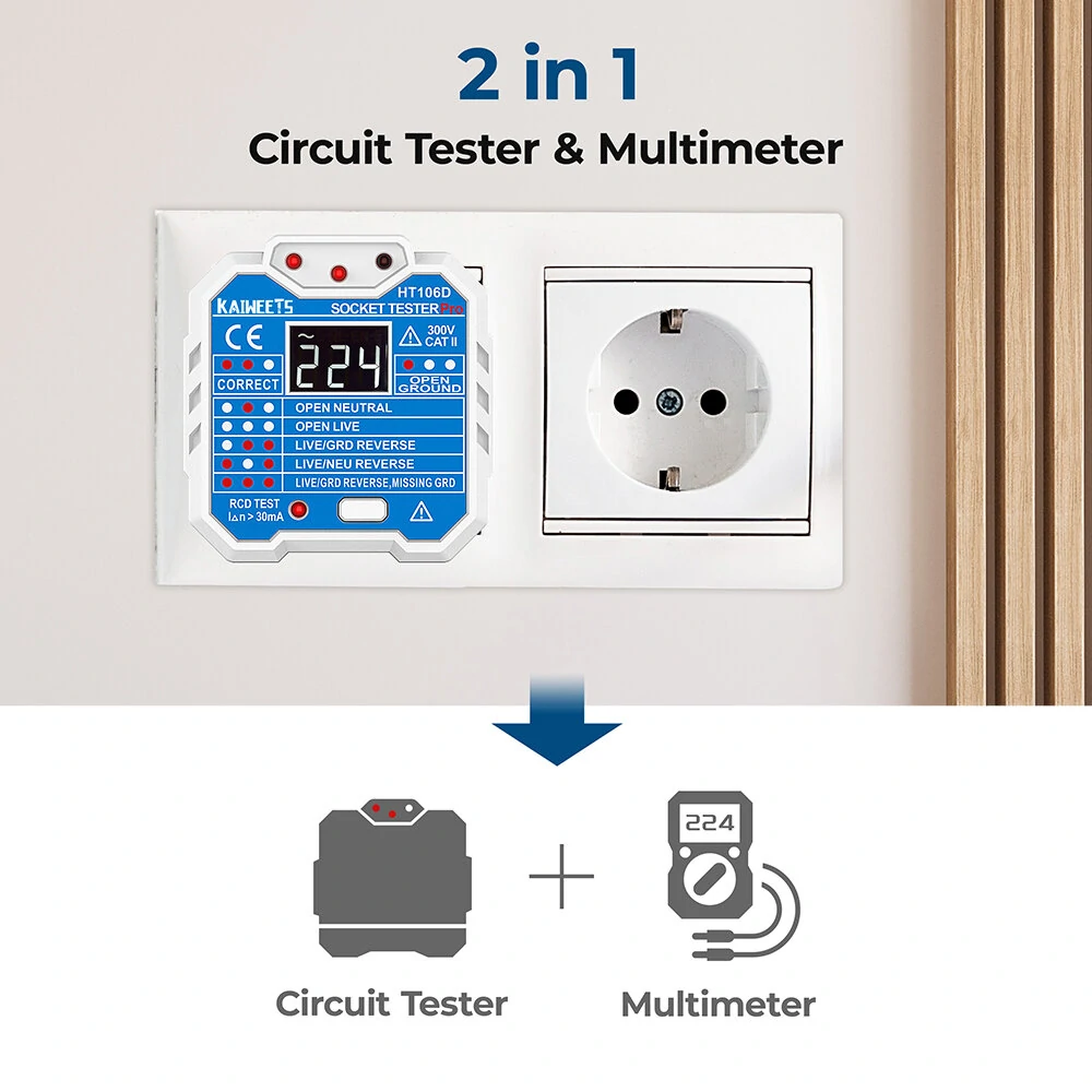 KAIWEETS HT106D GFCI Outlet Tester - Voltage Display EU Plug CAT III 300V - Image 3