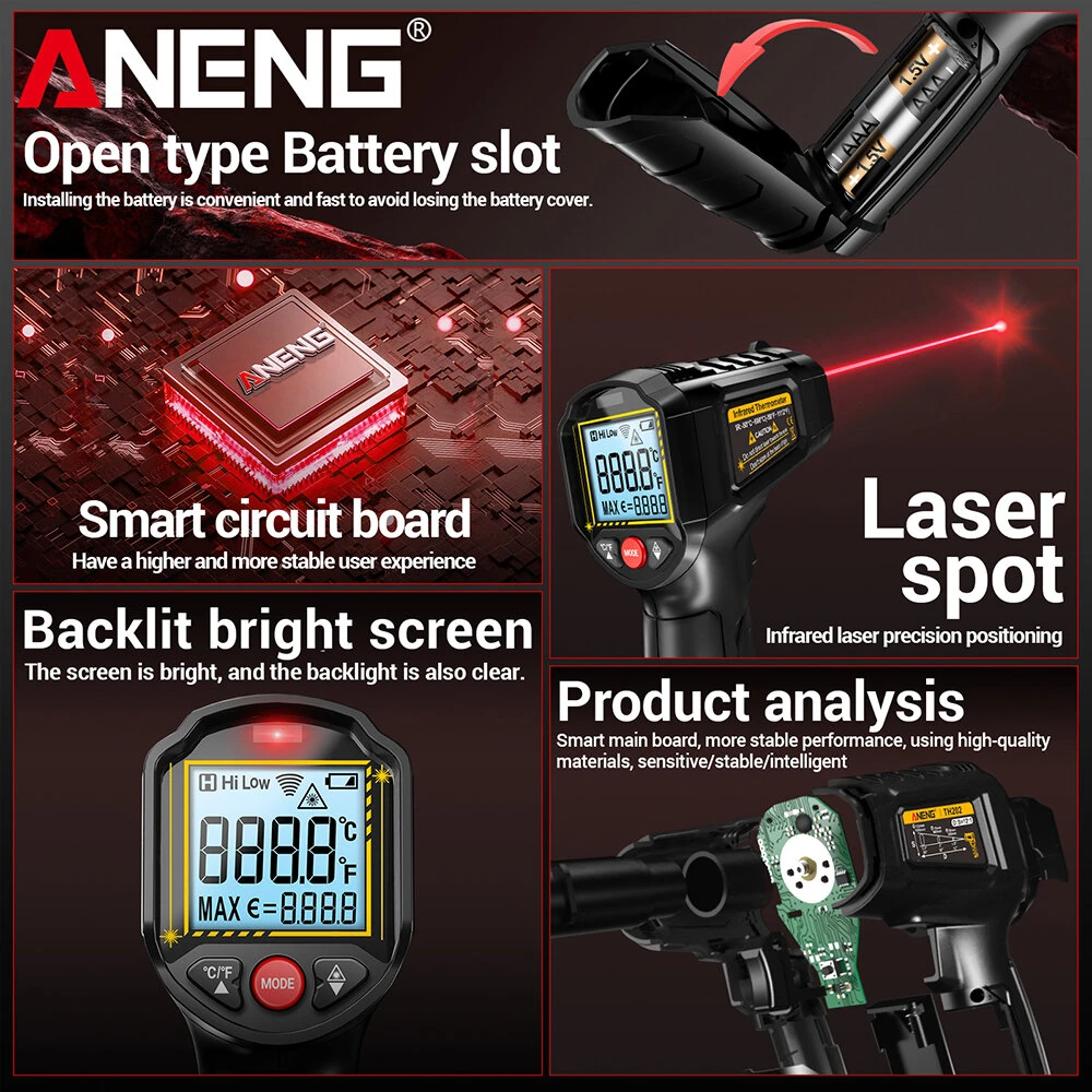 ANENG TH202 Infrared Thermometer Gun | -50°C to 600°C | Laser & LCD Backlit - Image 5