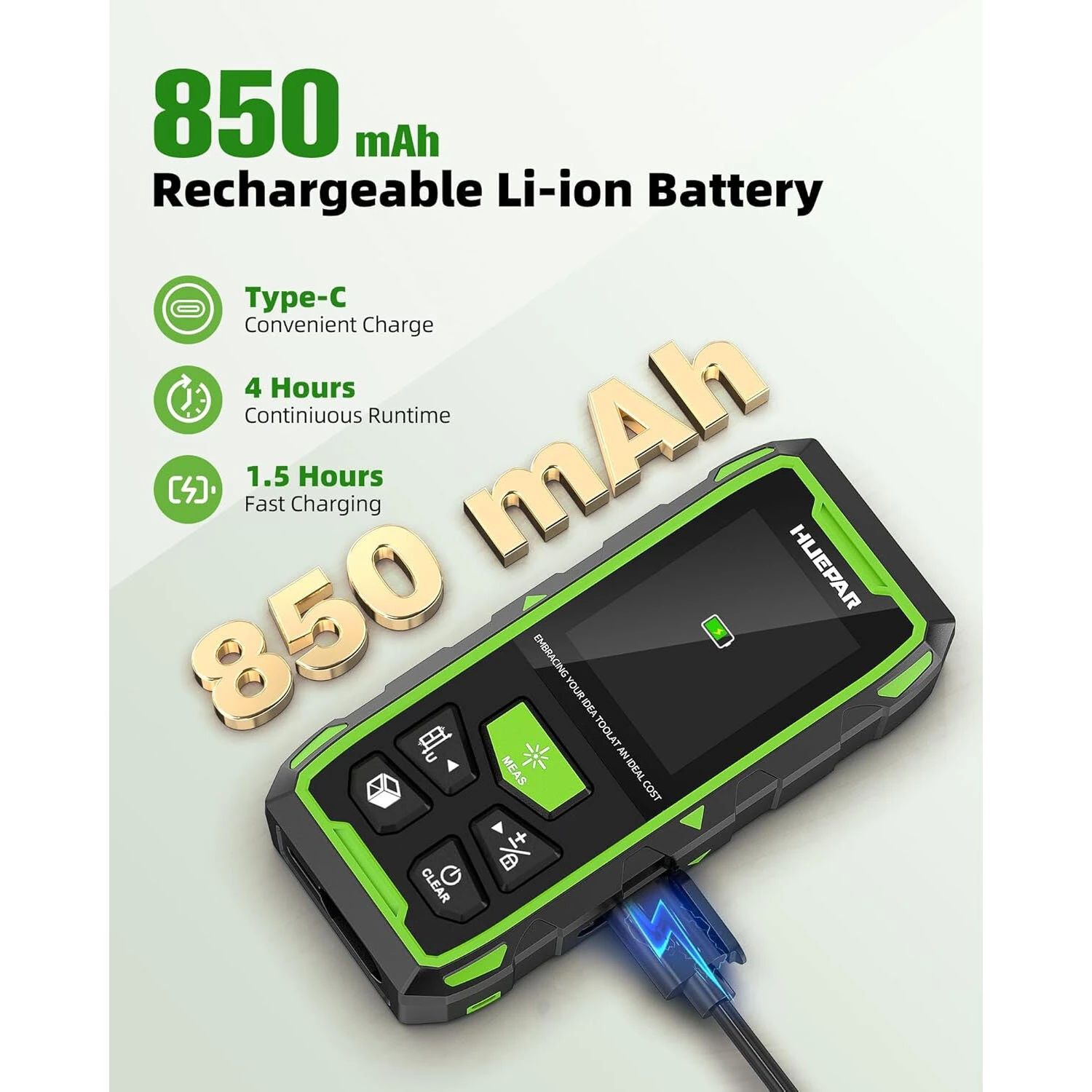 Huepar Dual Green Beam Laser Distance Meter | 393Ft/656Ft Range | Rechargeable with Backlit LCD - Image 4