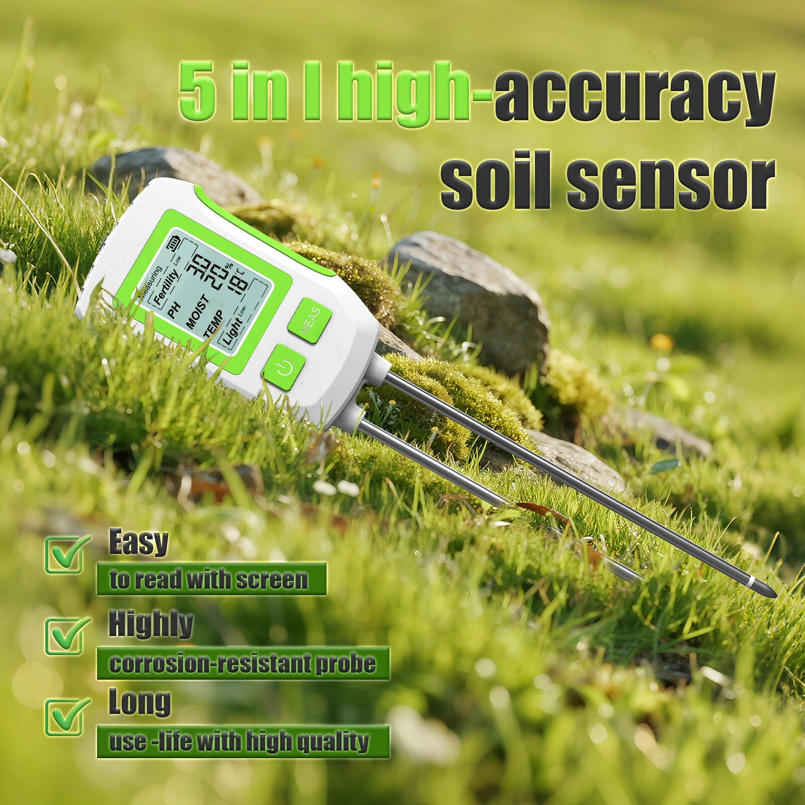 5 in 1 Soil Tester - Moisture, pH, Fertility, Temperature, Sunlight | LCD Display & Corrosion Resistant Probes - Image 2