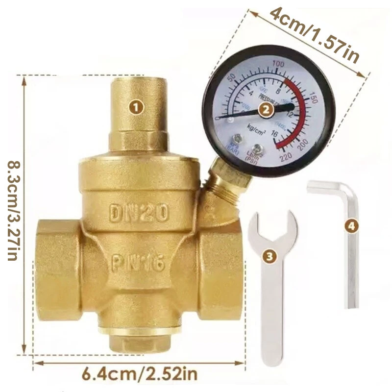 DN20 Brass Water Pressure Regulator Valve | Adjustable 25mm Threaded with Gauge - Image 4