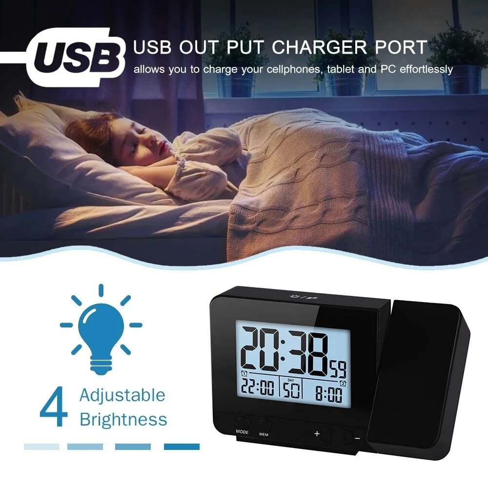 Projection Alarm Clock with Thermometer Hygrometer - Dimmable LED Display USB Charger - Image 3