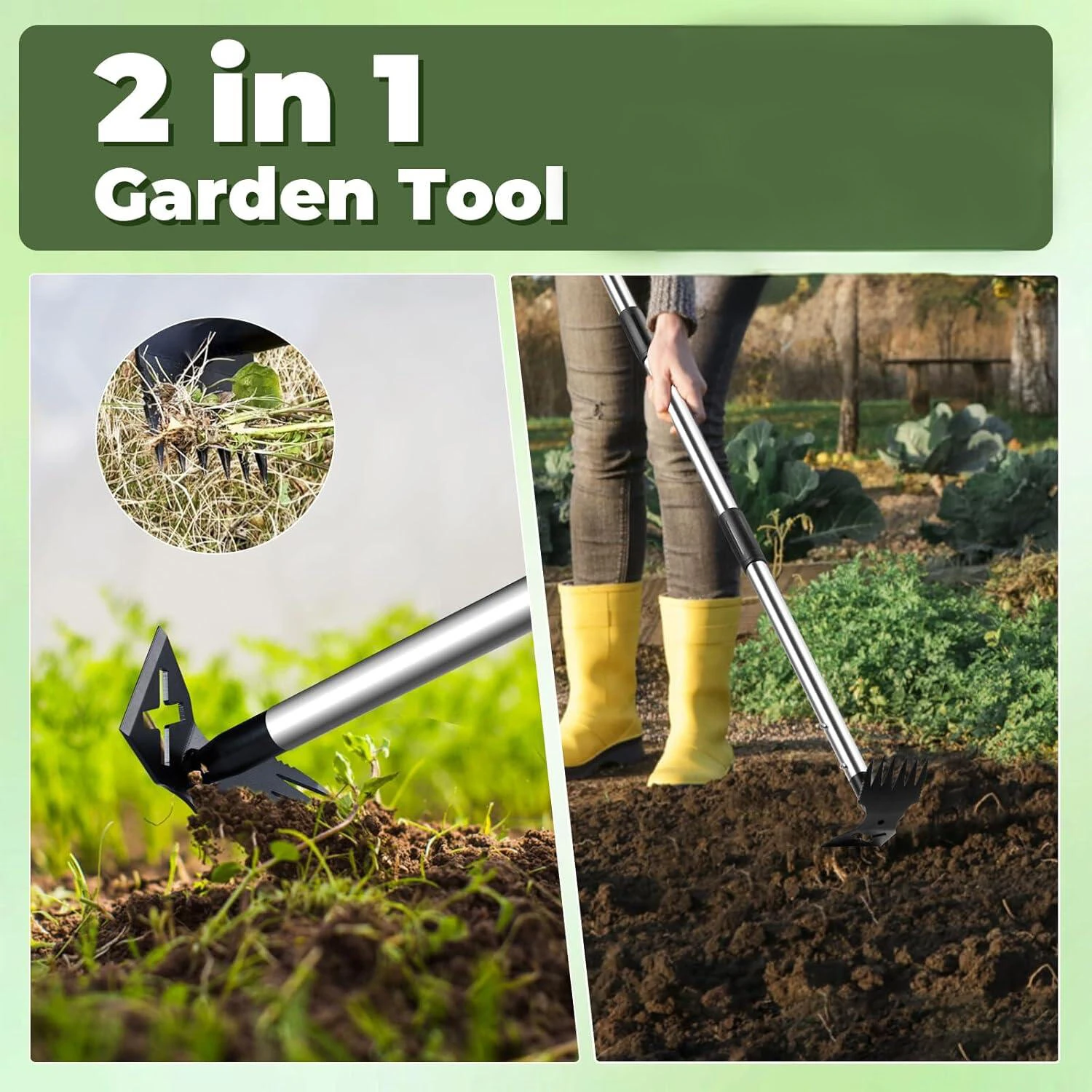 60 Inch Long Handle Weed Puller Tool | 2-in-1 Garden Hoe & Rake | Heavy Duty Stainless Steel - Image 2