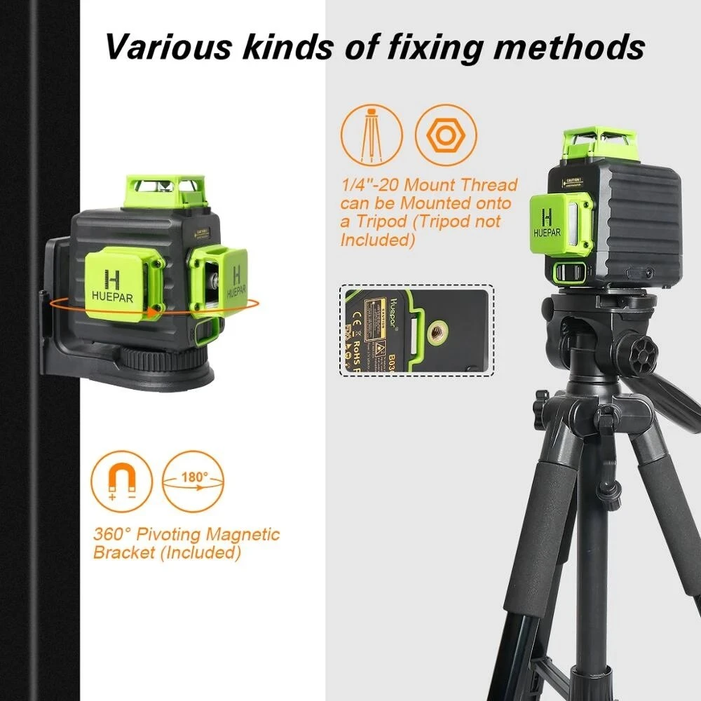 Huepar B03CG 3D Self-Leveling Laser Level | 12 Green Lines | Type-C Charging & Case - Image 4