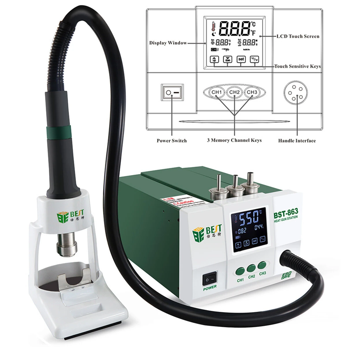 BST-863 1200W SMD Rework Station - Intelligent LCD Touch Screen - 110V/220V - Image 4