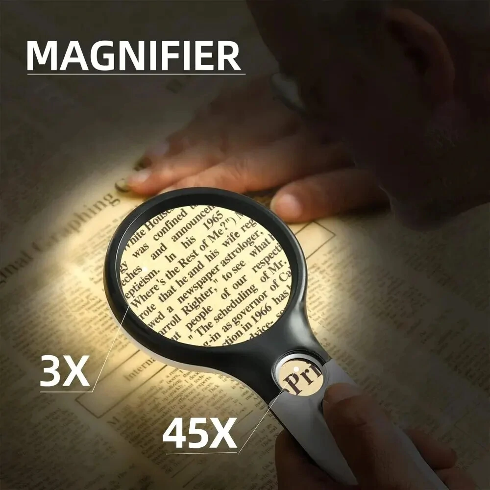 3X 45X Mini Handheld Magnifier with 3 LED Lights | 75MM & 22MM Dual Lens | Brightness Adjustable for Reading & Jewelry - Image 3