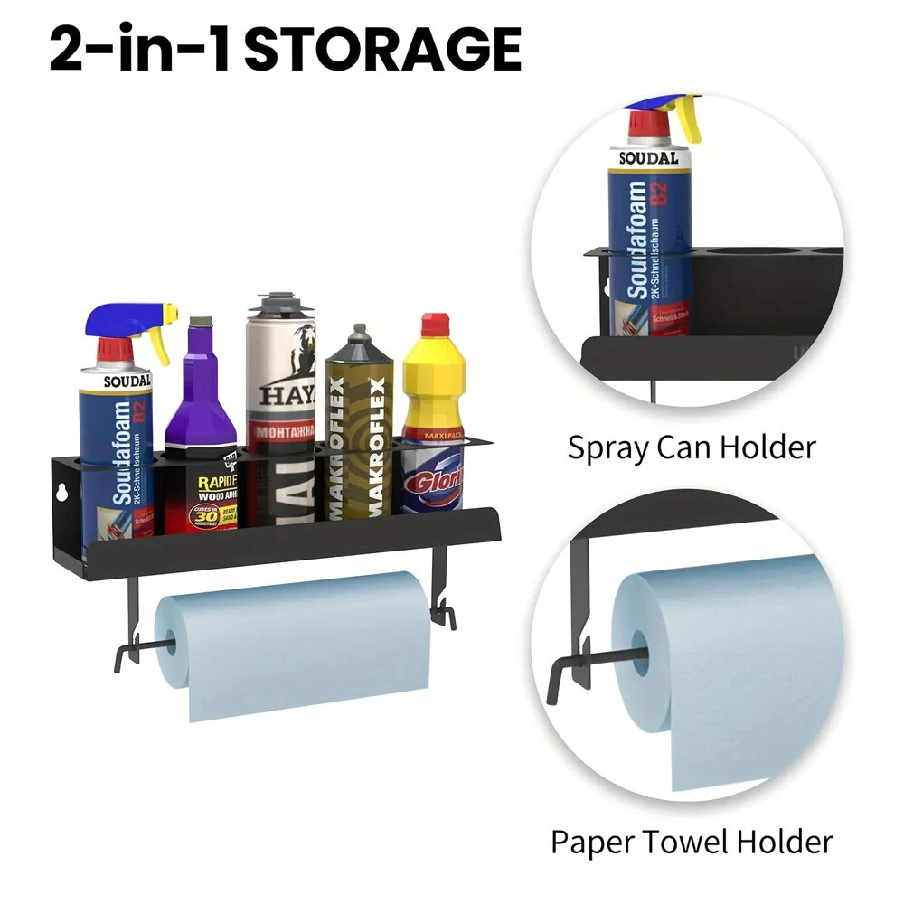 Wall-Mounted Storage Rack for 5 Spray Cans & Paper Towel Holder | Black Steel Tool Organizer - Image 3
