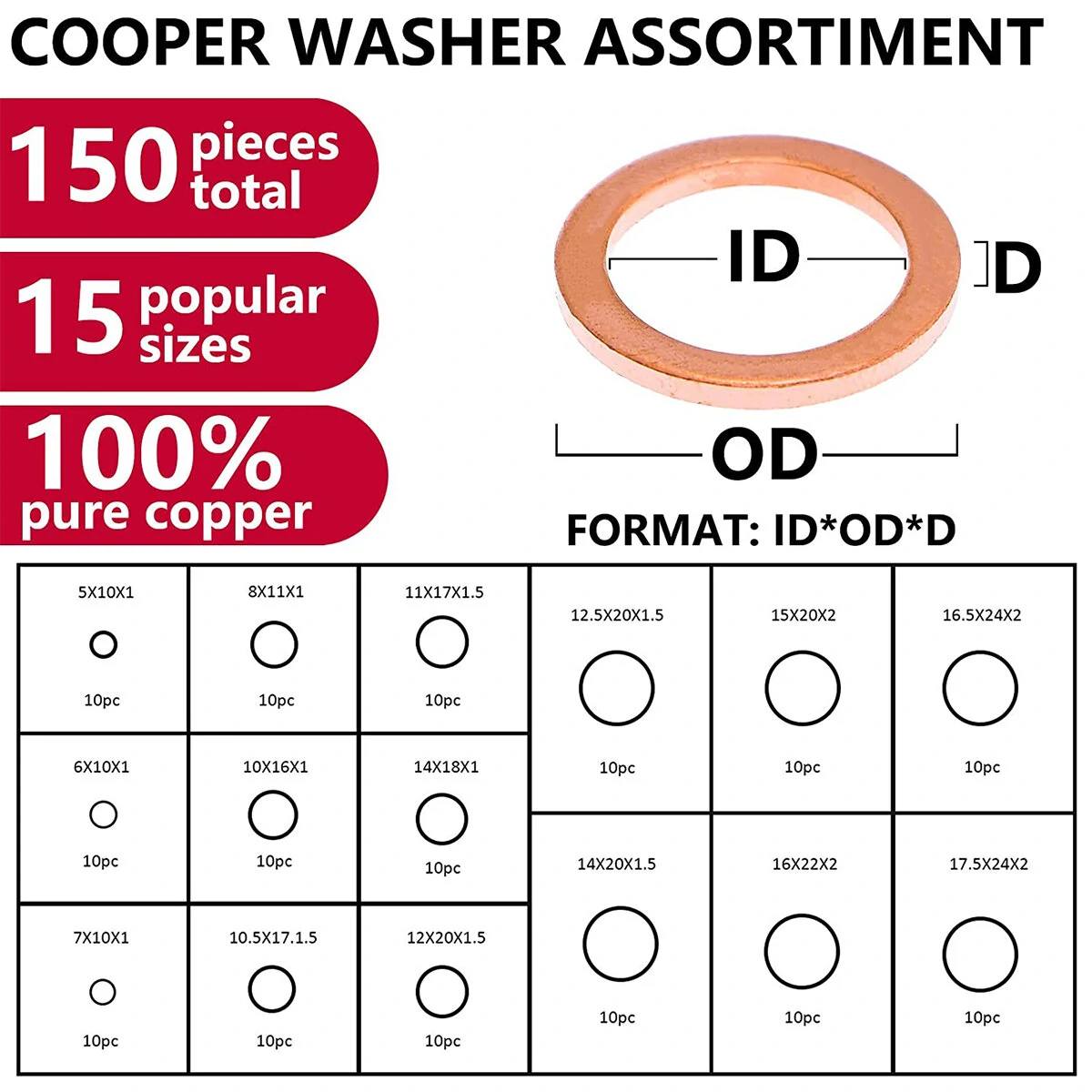150PCS Copper Metric Sealing Washer Assortment Set - 15 Sizes M5 to M17.5 | Oil Sump Plug Gasket - Image 5