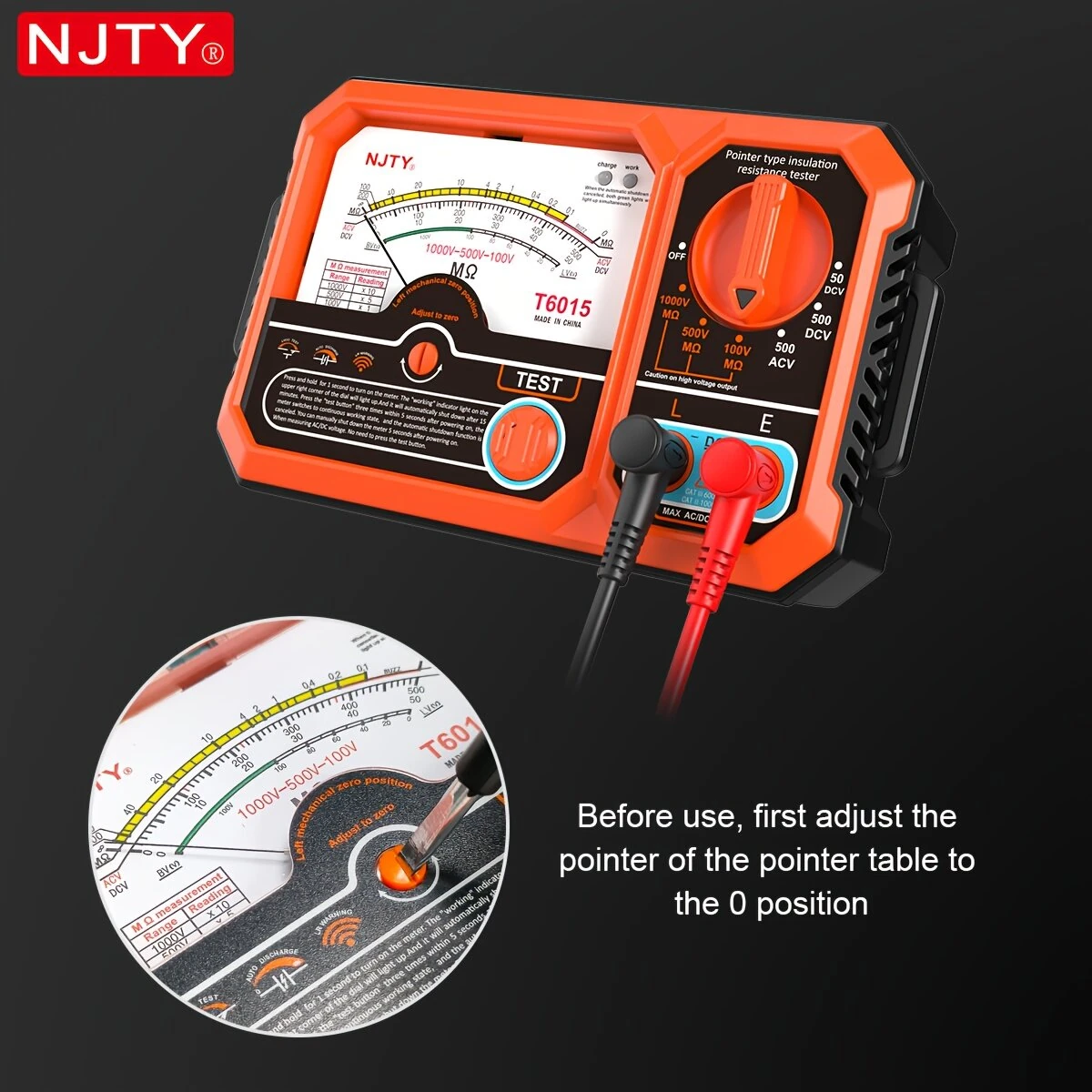NJTY T6015 Insulation Resistance Tester - 1000V 2000MΩ Megohmmeter | Rechargeable Analog Meter with Magnetic Back - Image 5