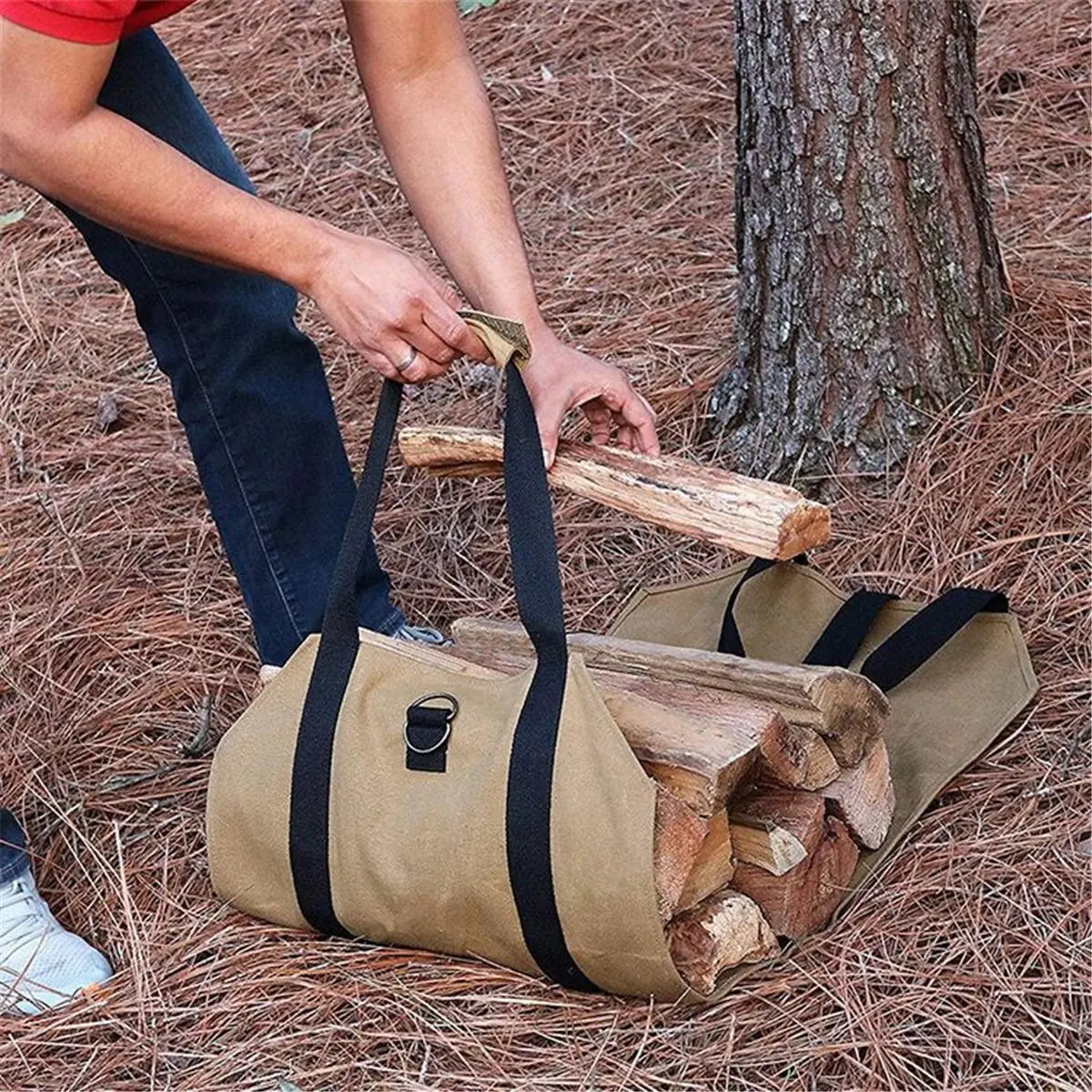 Log Carrier - 16oz Waxed Canvas Firewood Tool Bag for Fireplace - Image 3