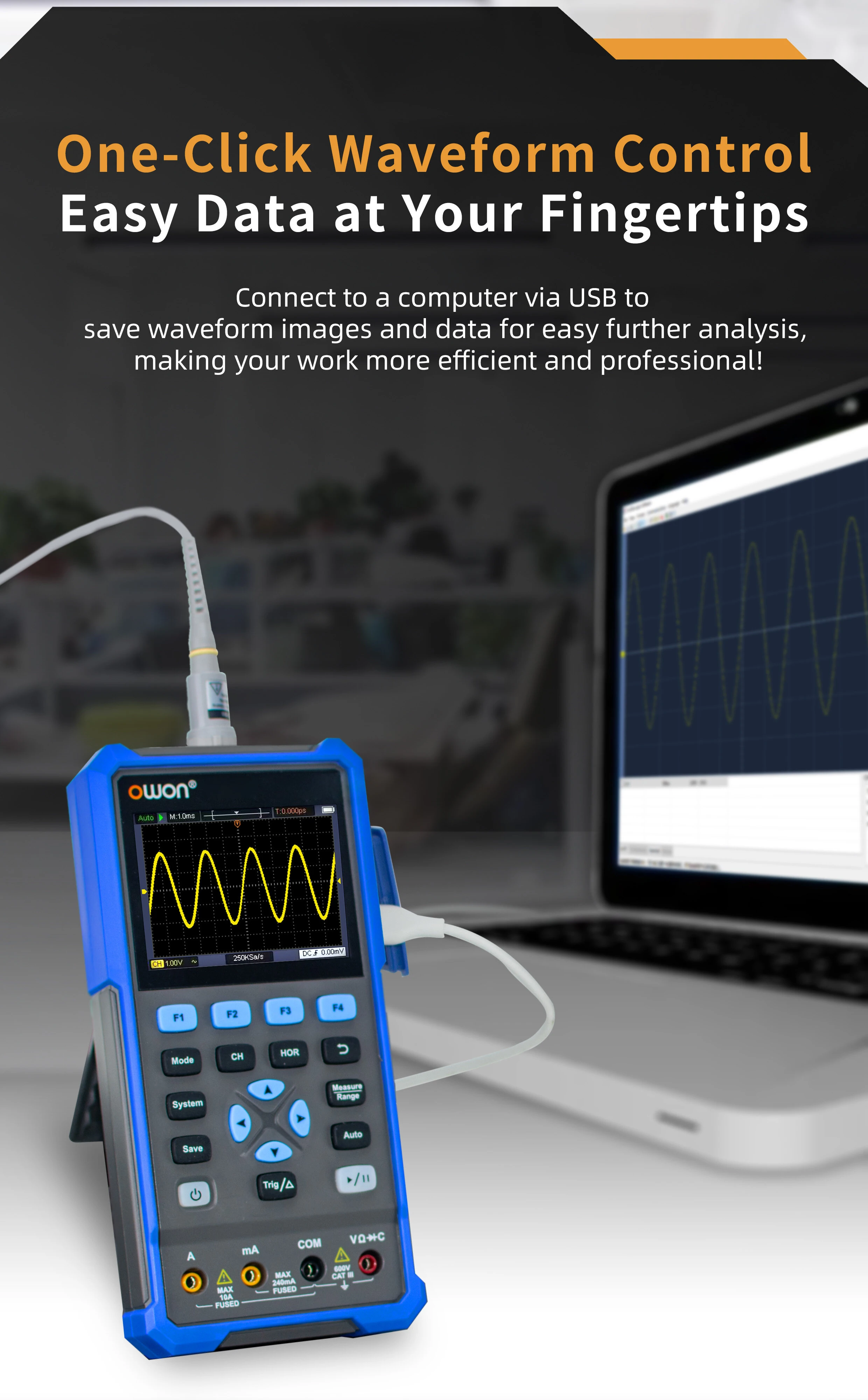 OWON HDS241 Handheld Oscilloscope 40MHz 250MSa/s | 3-in-1 with Multimeter & Waveform Generator - Image 4