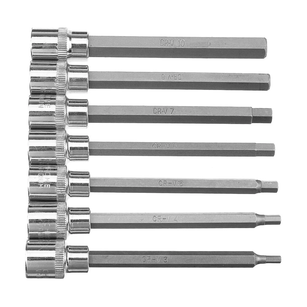 3/8 Drive Long Reach Hex Bit Socket Set - 7Pcs 3-10mm CR-V Screwdriver Head Set - Image 3