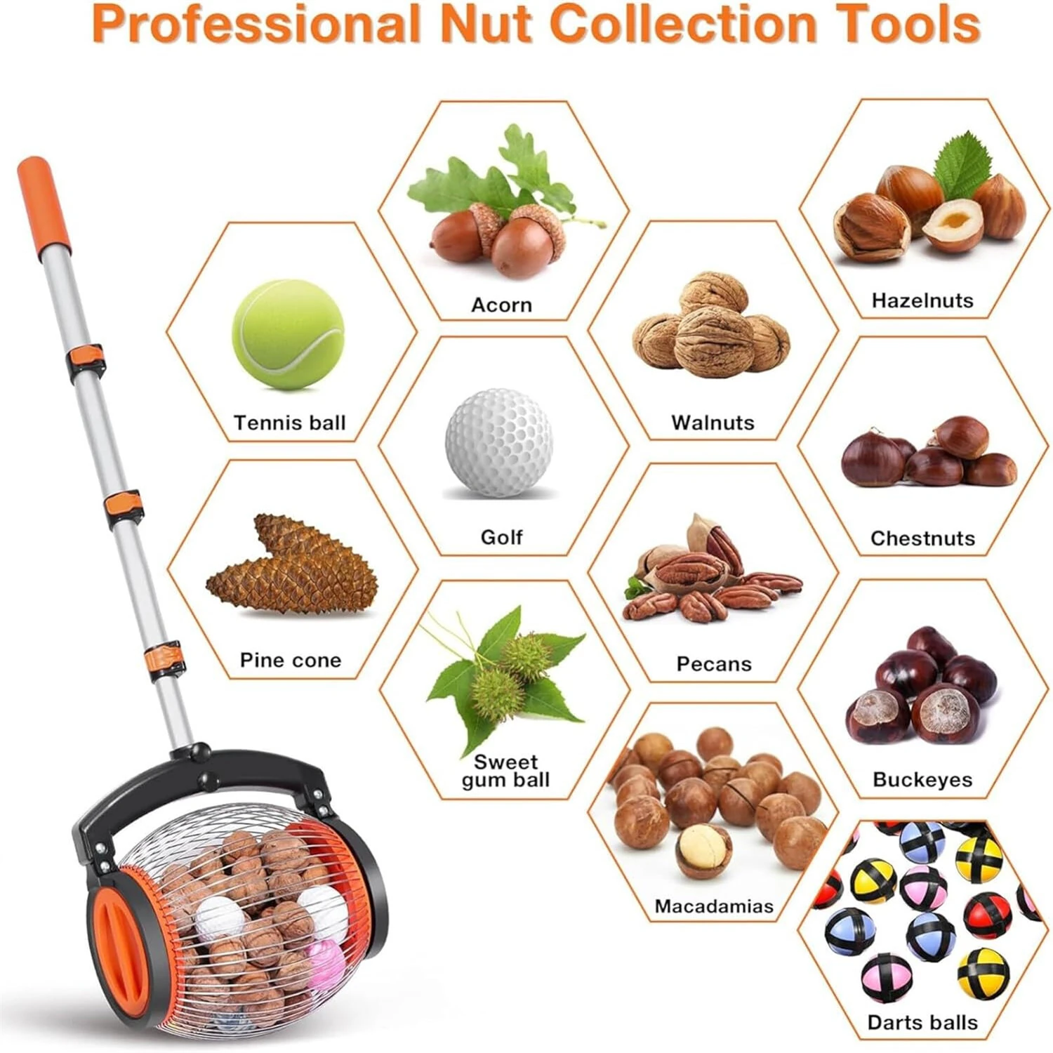 Nut Collector Rolling Garden Nut Harvester - 1-Gallon Capacity | Telescopic Aluminum Handle for Pecans Walnuts Acorns - Image 4