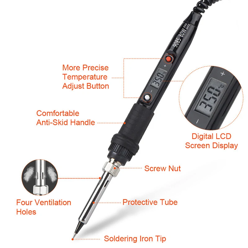 JCD 908S 80W Soldering Iron Kit | Adjustable Temperature 110V/220V | Ceramic Heater & Copper Tips - Image 4