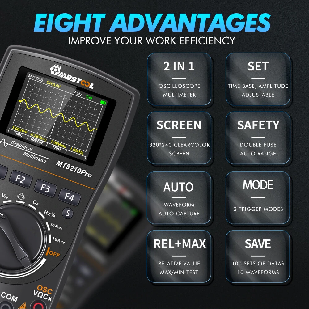 Mustool MT8210PRO Oscilloscope | 10MHz Bandwidth 50Msps | Auto & Sleep Function - Image 4
