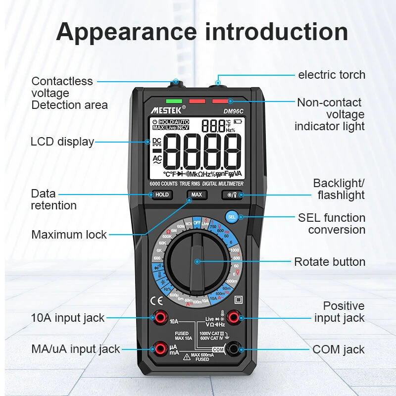 MESTEK TRMS Auto-Ranging Digital Multimeter - 1000V 10A AC/DC, NCV, Hz | Fast & Accurate - Image 2
