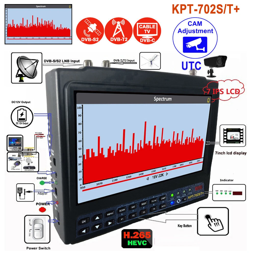 KPT-702ST+AHD Satellite Finder - 7-inch DVB-S2/T2/C Meter with USB & HDMI - Image 2