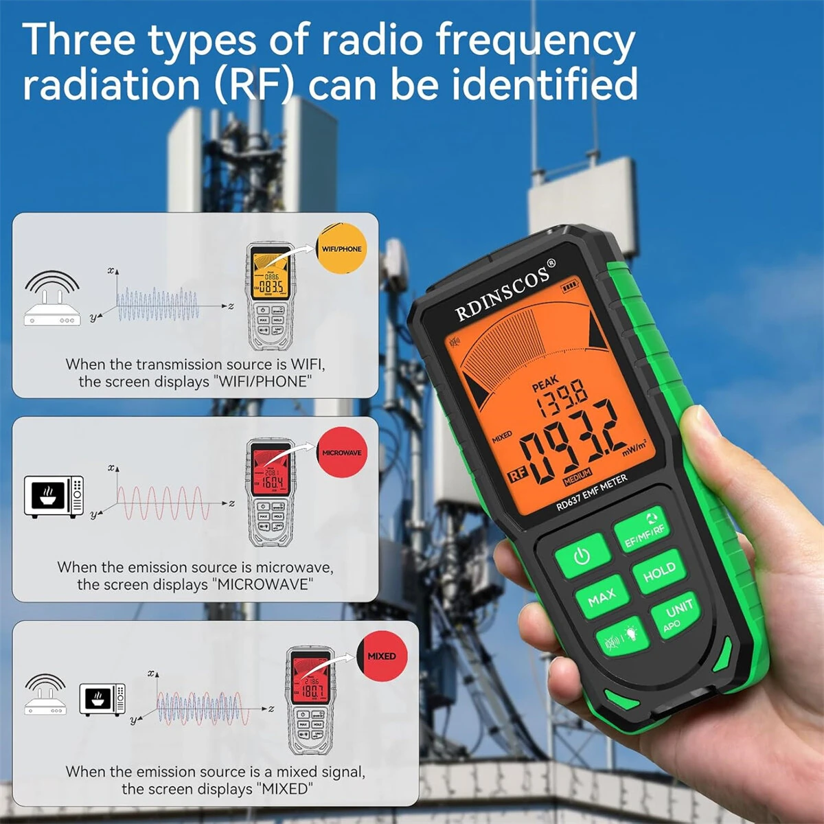 RD637 EMF Detector | 3-in-1 Portable Meter for 5G WiFi Smart Meters | Tri-Color LCD & Rechargeable - Image 3