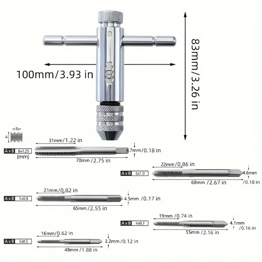 Adjustable T-Handle Tap Wrench with 5pc Metric Tap Set M3-M8 | Sturdy Steel - Image 4